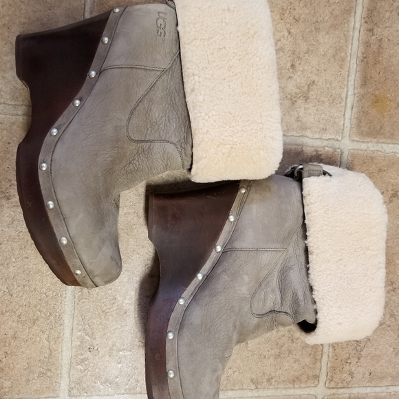 UGG Carnagie Womens Mushroom Leather Fold Down Platform Wedge Boots Size 11 - Picture 2 of 5